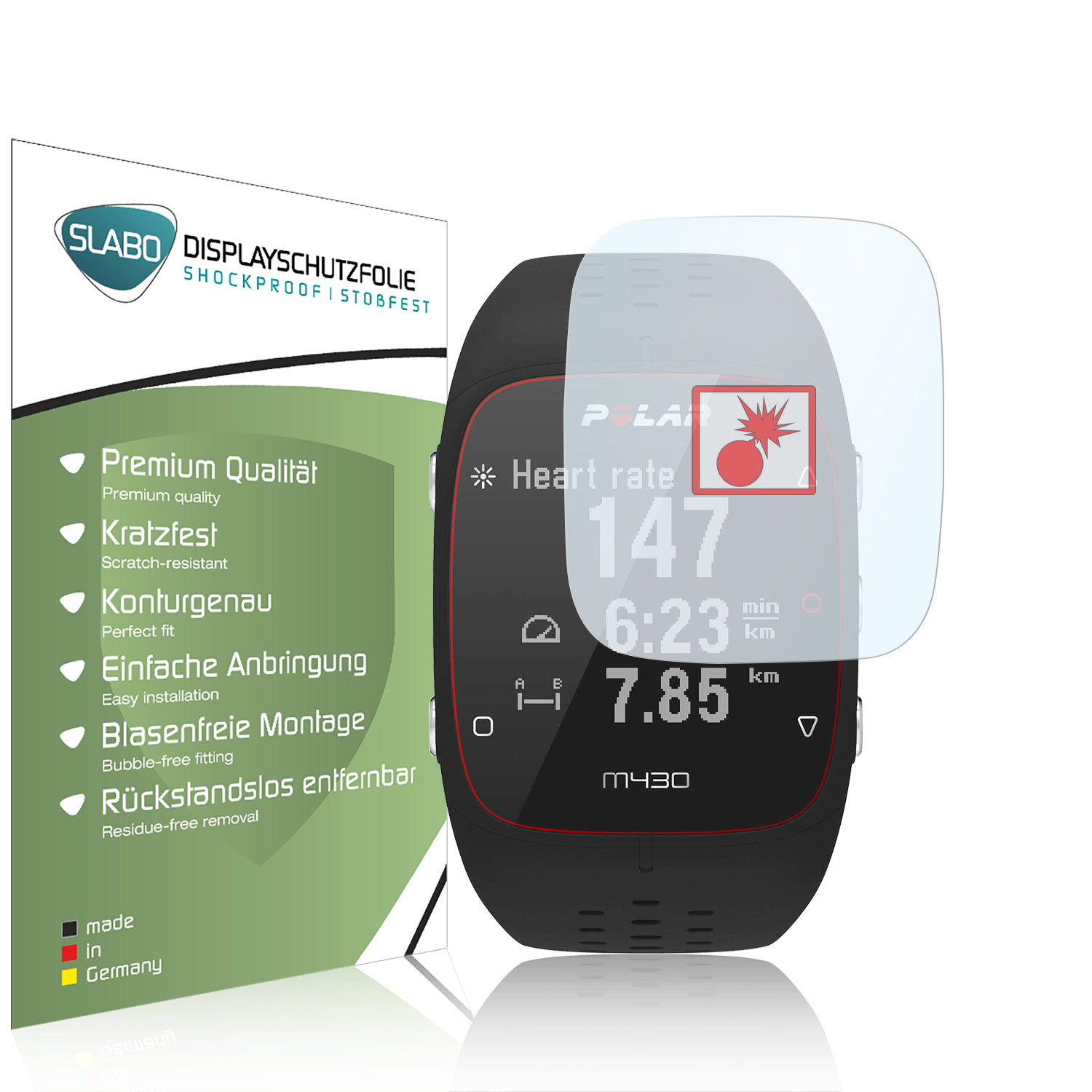 Displayschutzfolie für Smartwatch und eine Smartwatch auf weißem Hintergrund. Zeigt Herzfrequenzdaten.
