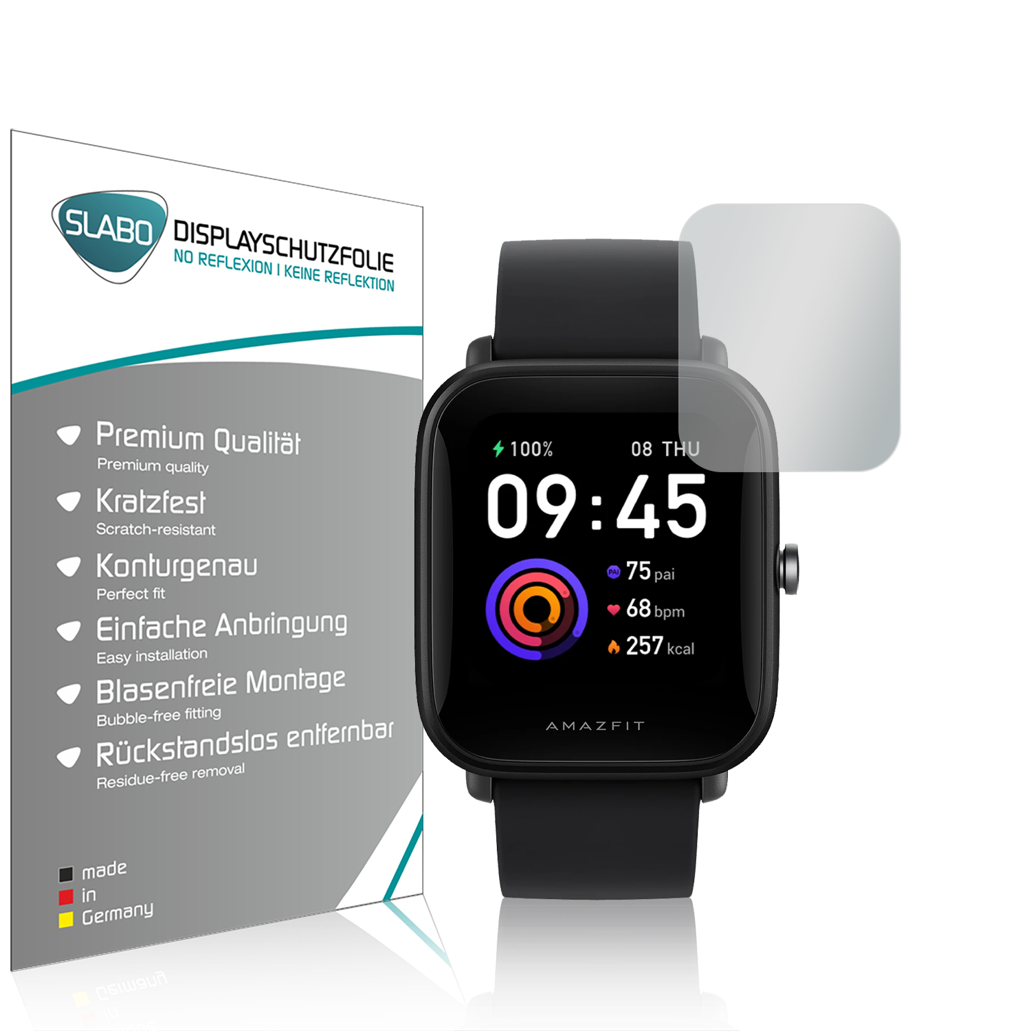 Eine Smartwatch mit Displayschutzfolie neben ihrer Verpackung.