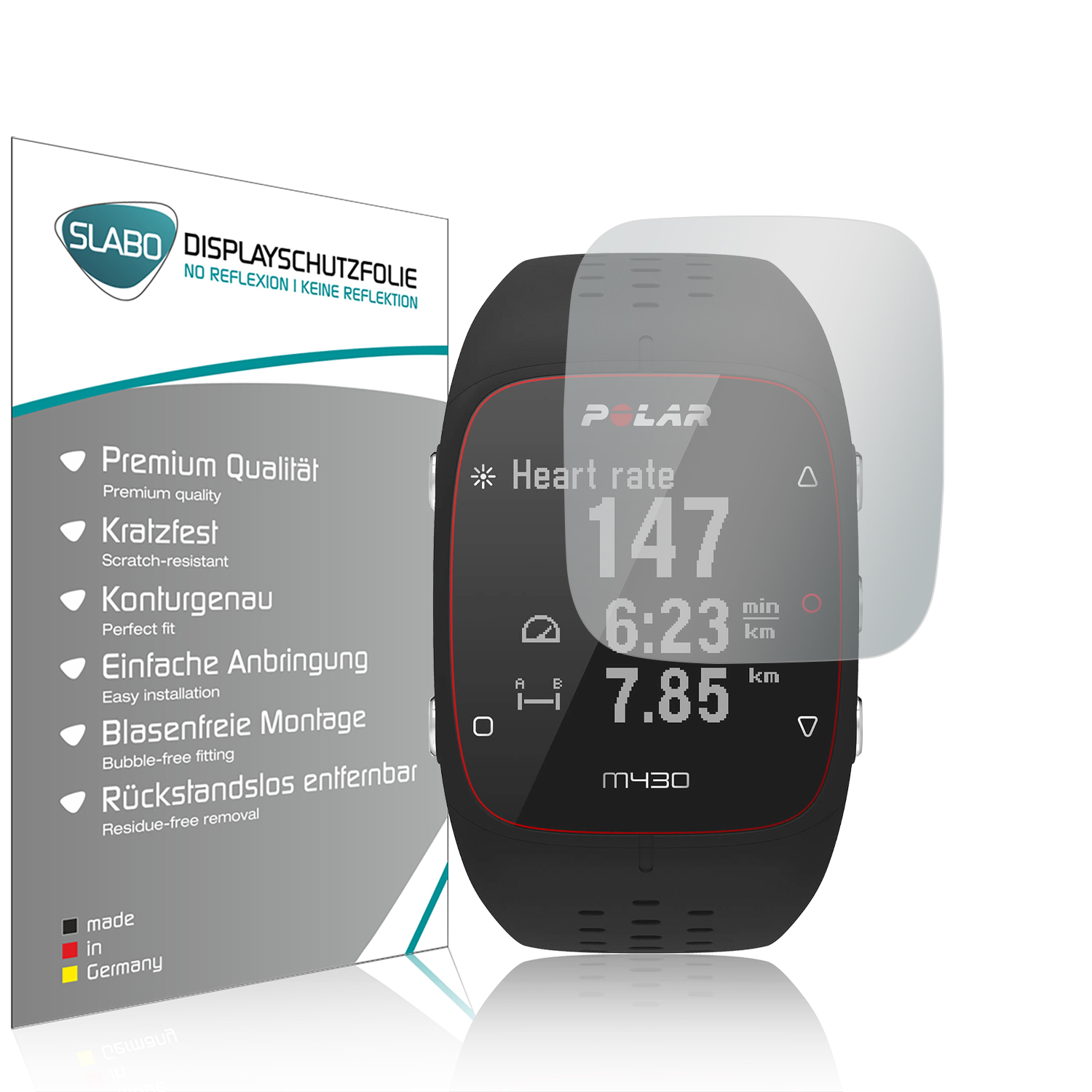Smartwatch mit Displayschutzfolie und Produktdetails.