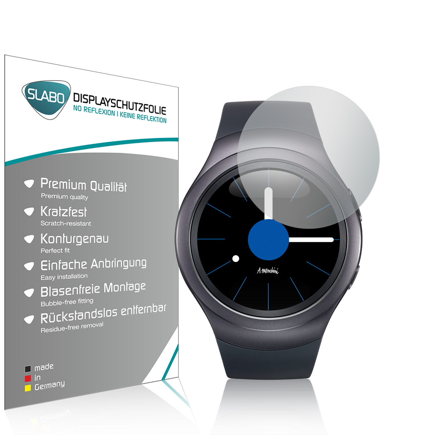 Ein Smartwatch-Displayschutz und eine Smartwatch. Der Schutz ist klar, und die Uhr ist dunkelgrau.