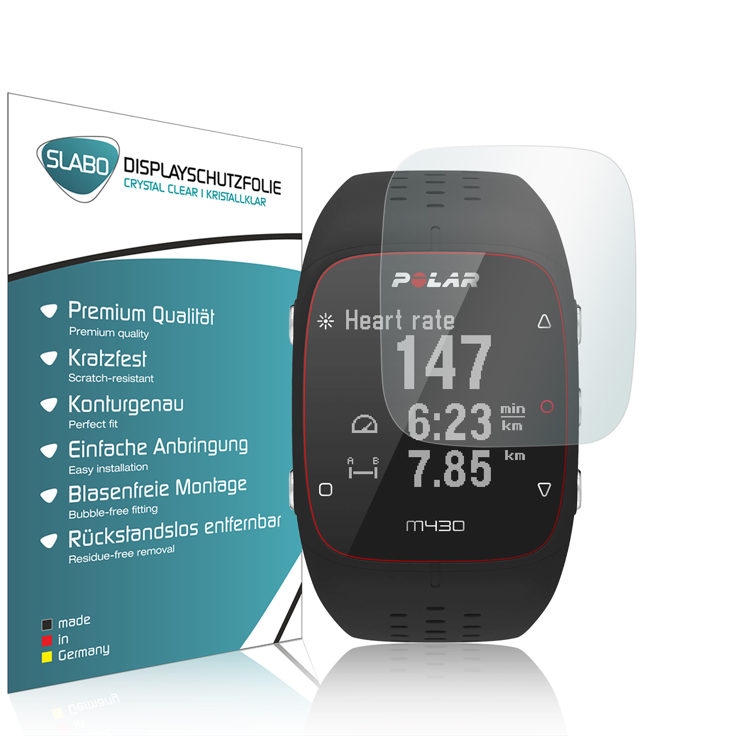 Eine Polar Smartwatch mit Displayschutzfolie und Box. Das Display zeigt Zeit, Herzfrequenz und Daten.