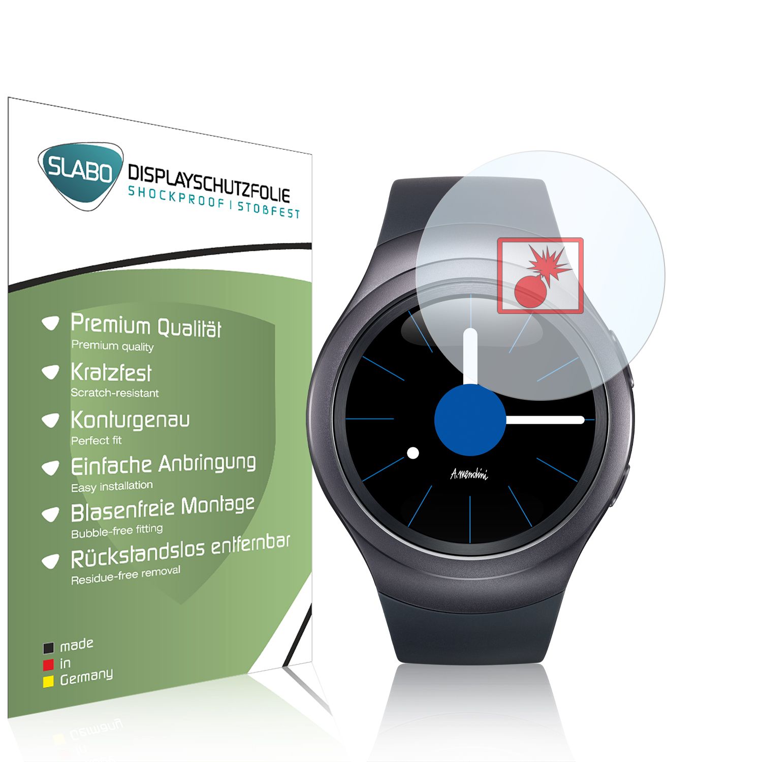 Schwarze Smartwatch mit Displayschutz, Box links. Uhr und Box stehen auf Weiß.