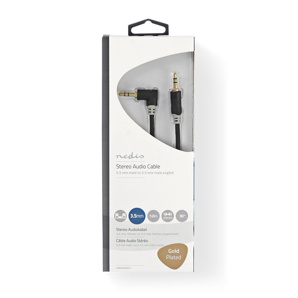 Un emballage avec un câble audio stéréo. Il possède une prise jack de 3,5 mm et est coudé à 90 degrés.