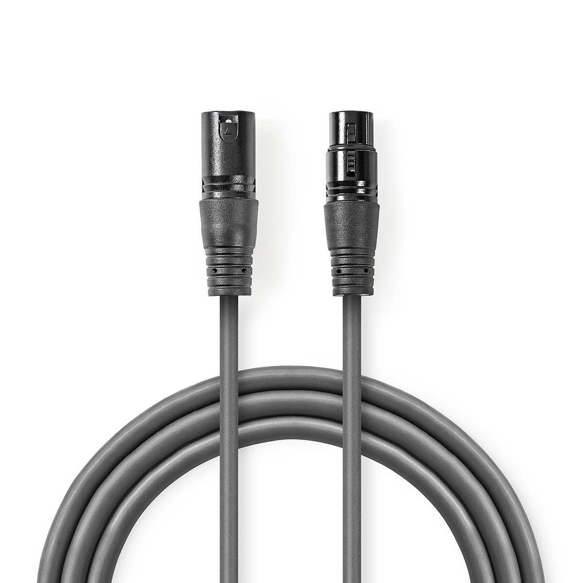 Deux connecteurs audio XLR noirs reliés par un câble gris, sur fond blanc.