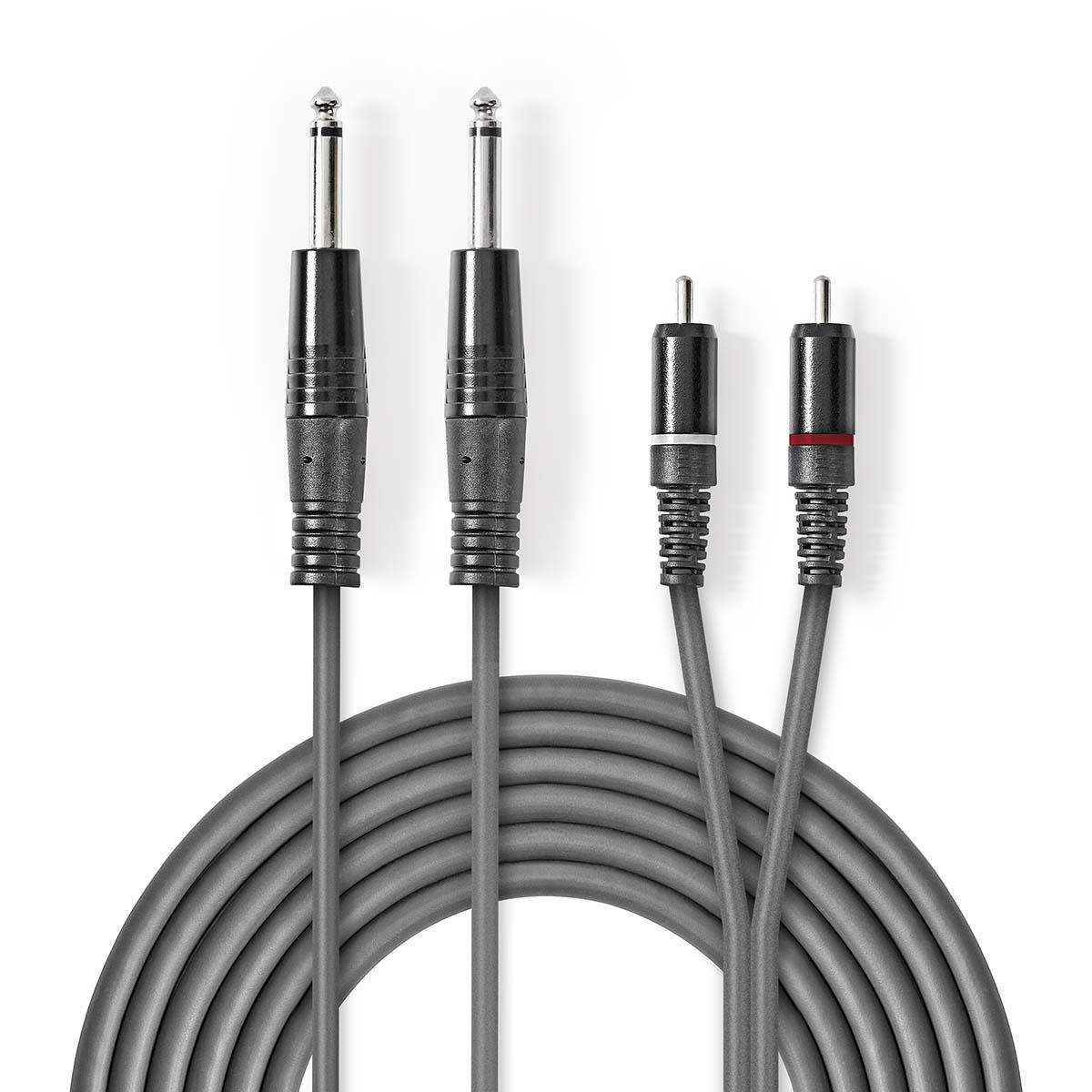 Een grijze audiokabel met vier connectoren: twee mannelijke jacks en twee mannelijke RCA-connectoren.