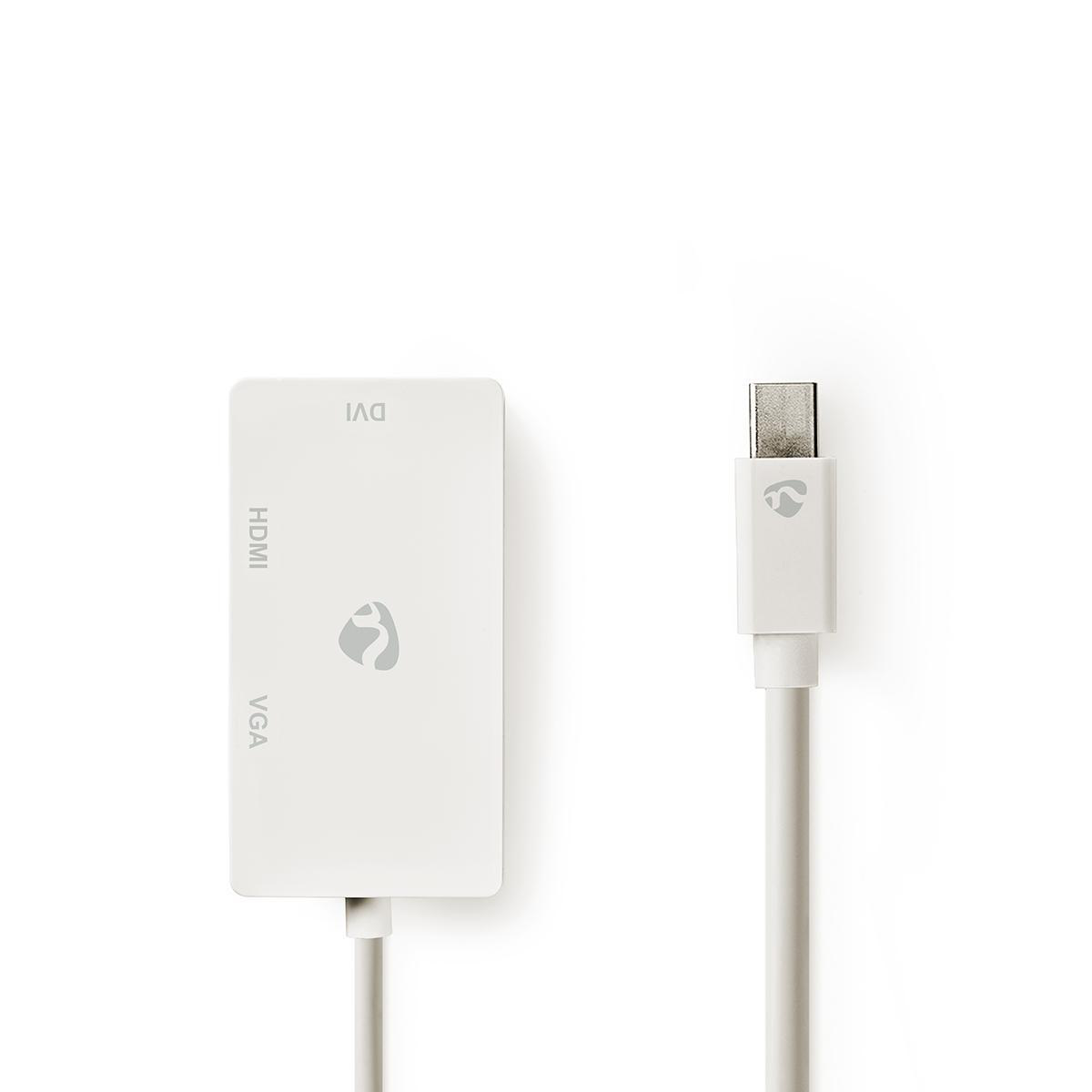 Adaptador blanco con puertos HDMI, DVI y VGA. Un cable con conector USB-C está conectado.