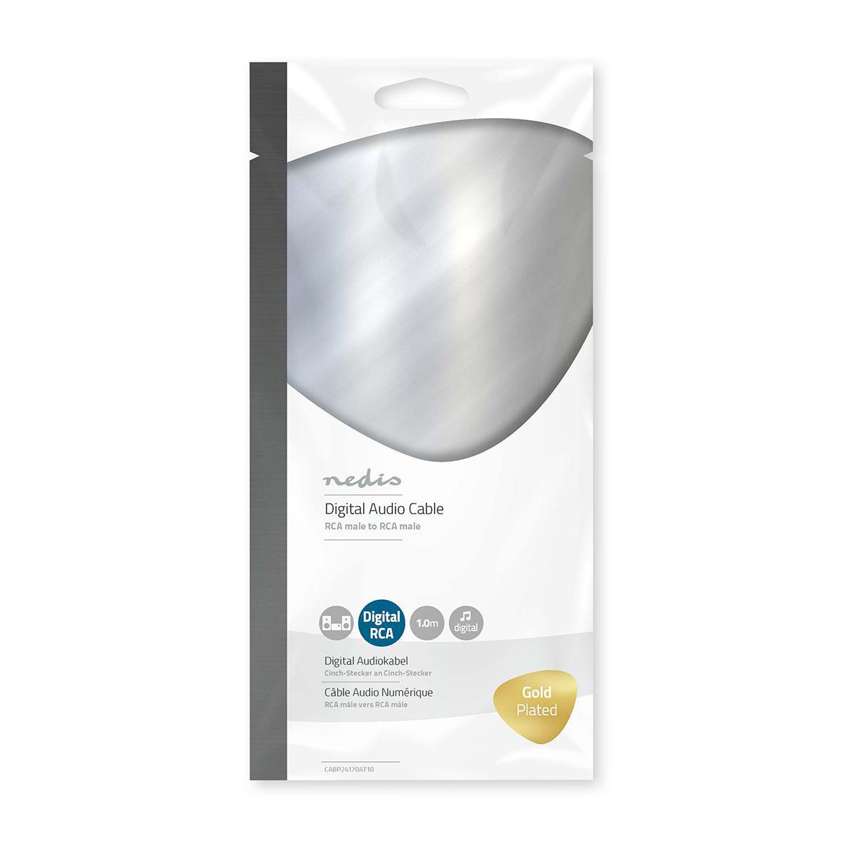 Silver and white digital audio cable packaging, RCA to RCA.