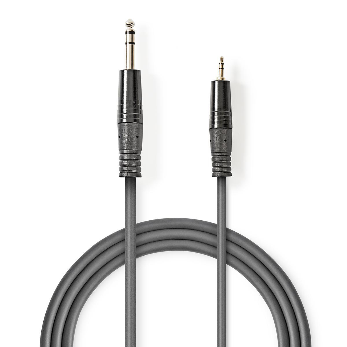 Een grijze audiokabel met 3,5 mm en 6,35 mm jack. De kabel is opgerold en op een witte achtergrond.