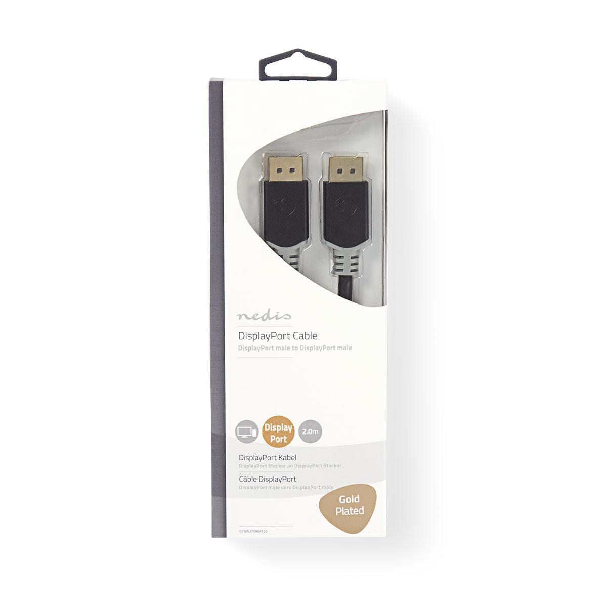 Boîte blanche avec un câble DisplayPort noir à l'intérieur. L'étiquette indique Câble DisplayPort.