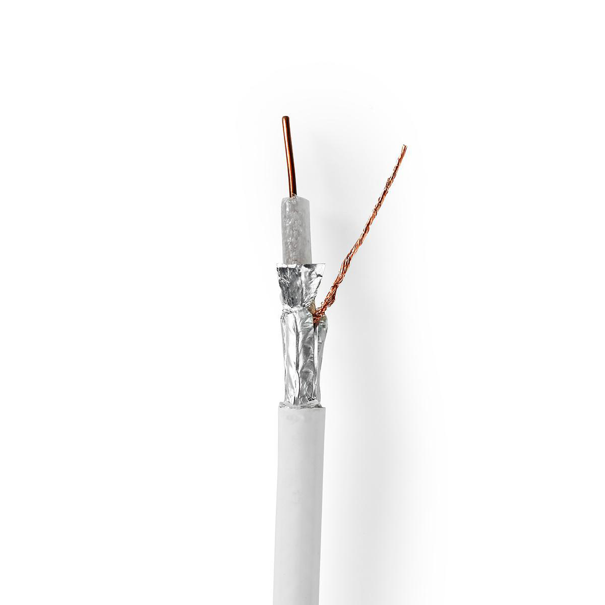 Câble coaxial blanc avec extrémités coupées, révélant le fil de cuivre.