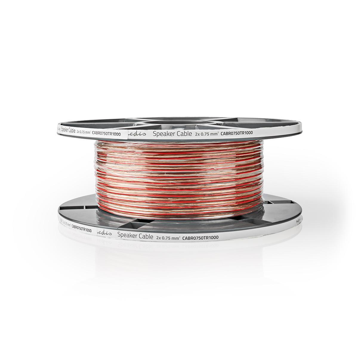 Eine Spule mit Lautsprecherkabel. Das Kabel ist rot und weiß. Die Spule ist grau und mit Produktinformationen bedruckt.