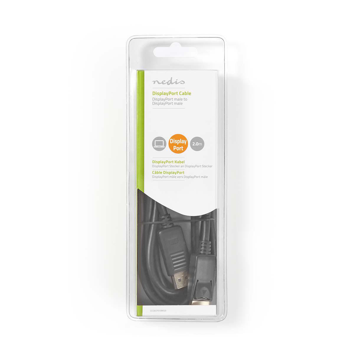 DisplayPort-Kabel in der Verpackung. Schwarzes Kabel mit silbernen DisplayPort-Anschlüssen. Weißer Hintergrund.