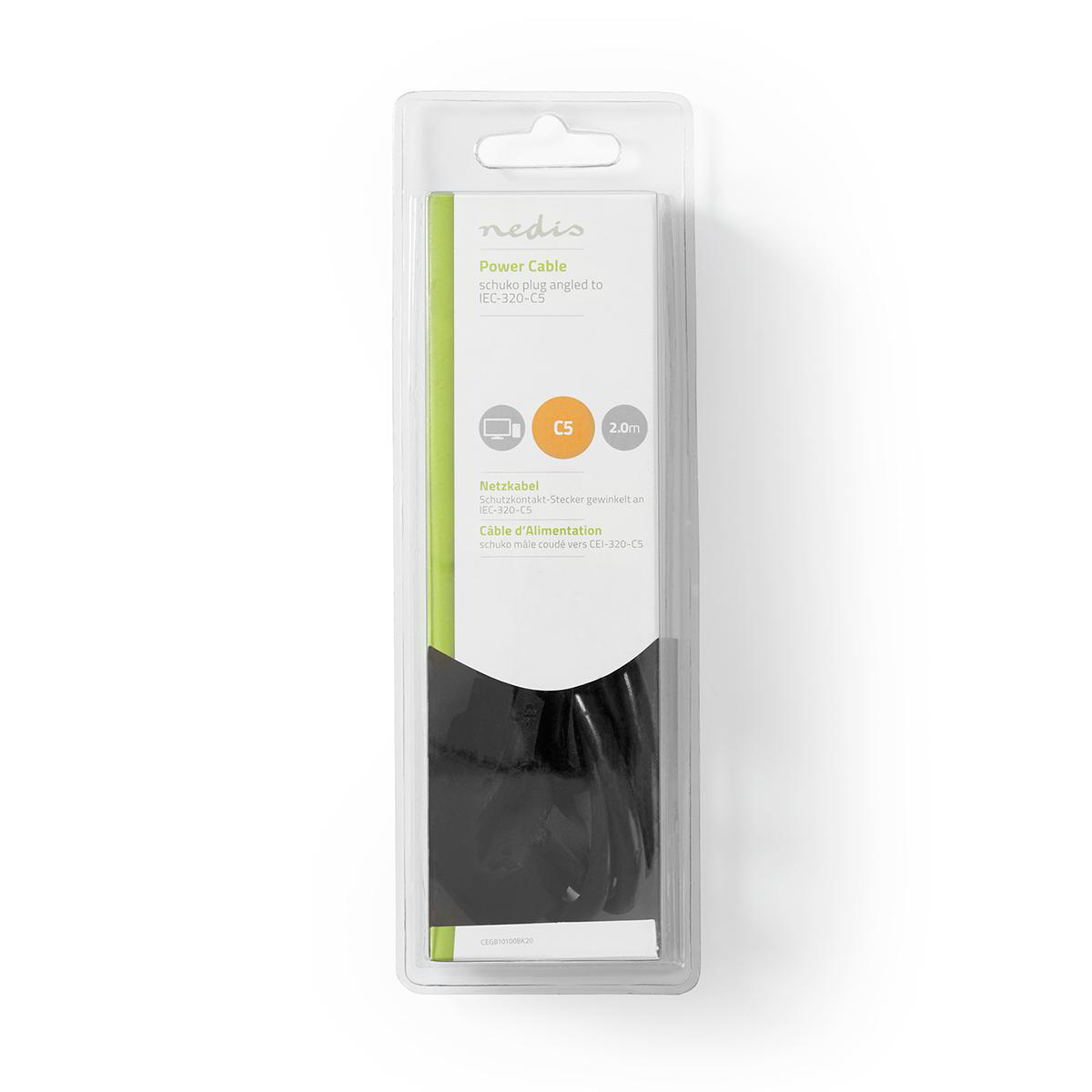 Een stroomkabel in een plastic verpakking. De verpakking heeft witte, groene en zwarte kleuren.