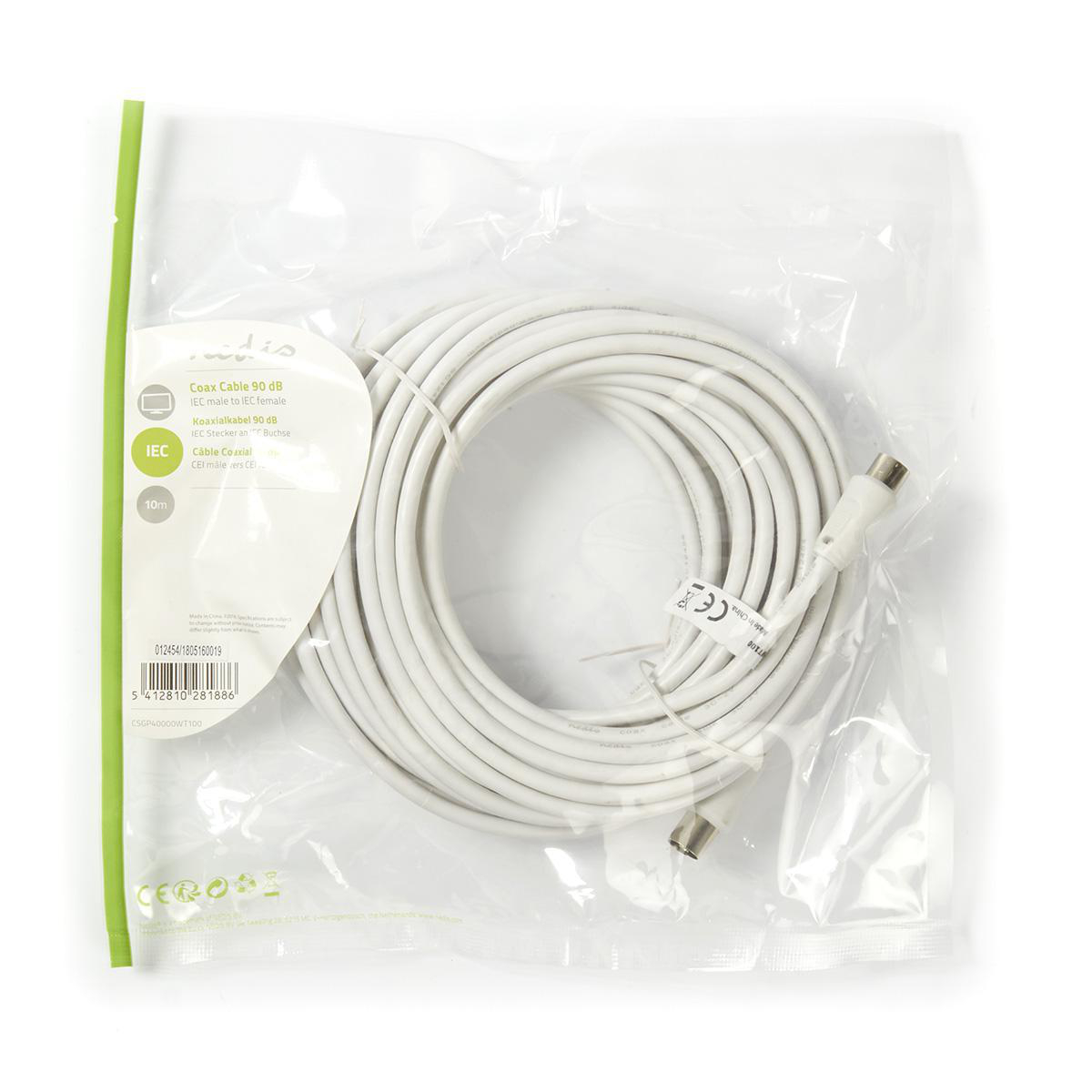 Cable coaxial blanco enrollado dentro de una bolsa de plástico con información del producto.
