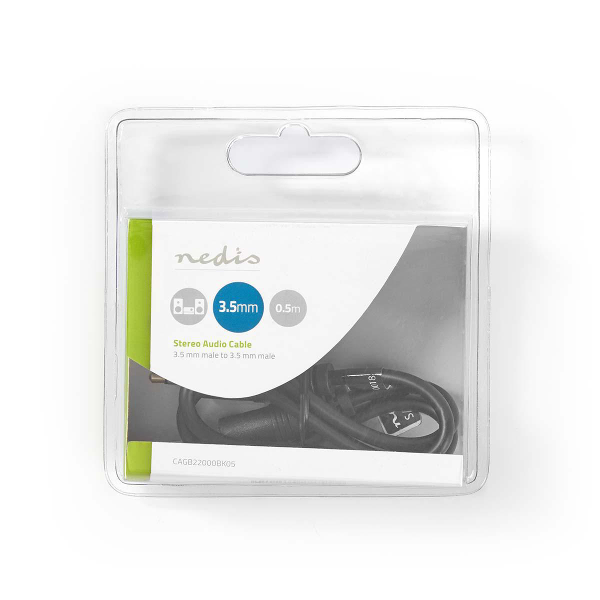 Eine transparente Kunststoffverpackung mit einem schwarzen Audiokabel und einem weißen Etikett.