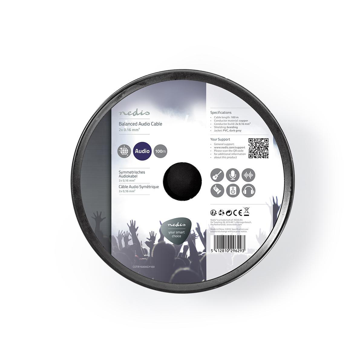 Zwarte en grijze audicabelspoel met een wit rond label en een QR-code.