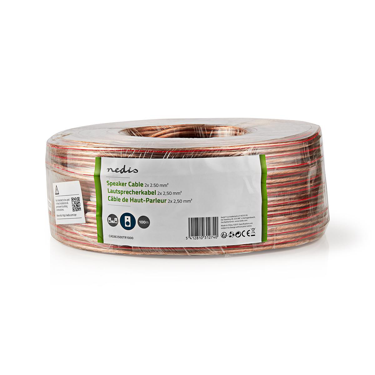 Eine Rolle Lautsprecherkabel, in Klarsichtfolie verpackt, mit weißem Etikett.