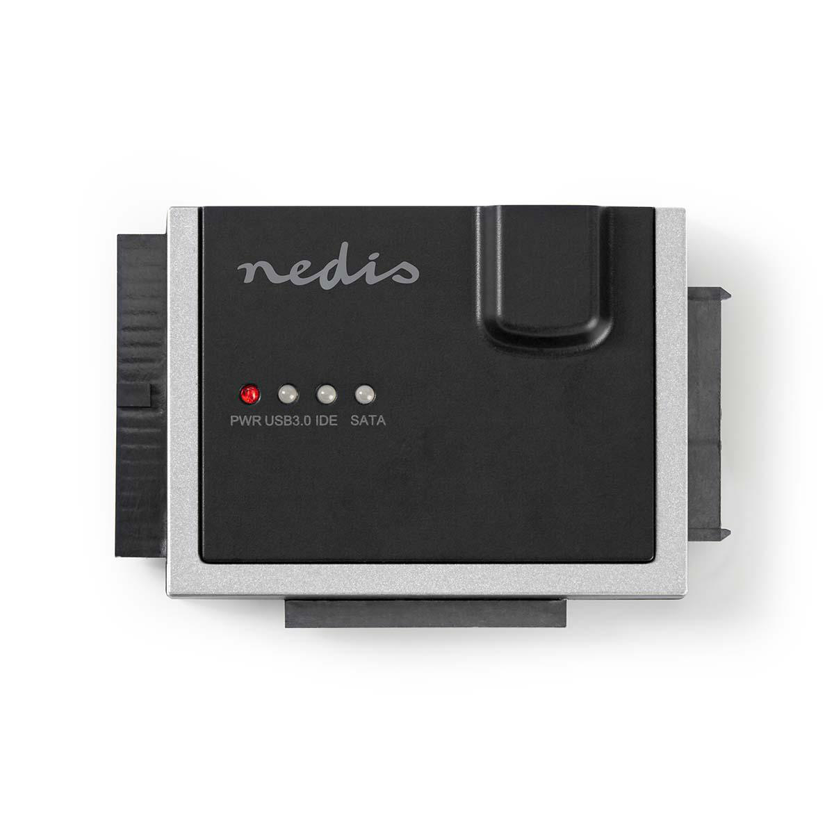 Adattatore SATA a USB 3.0 nero e argento con luce PWR rossa.