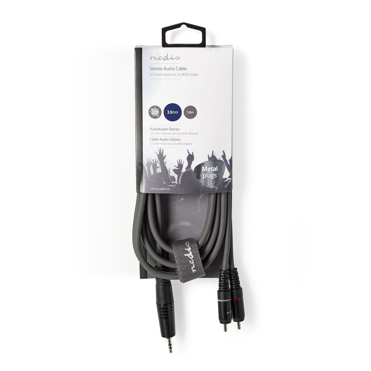 Grijze stereo audiokabel in verpakking, 3,5 mm naar 2x RCA male. Witte achtergrond.