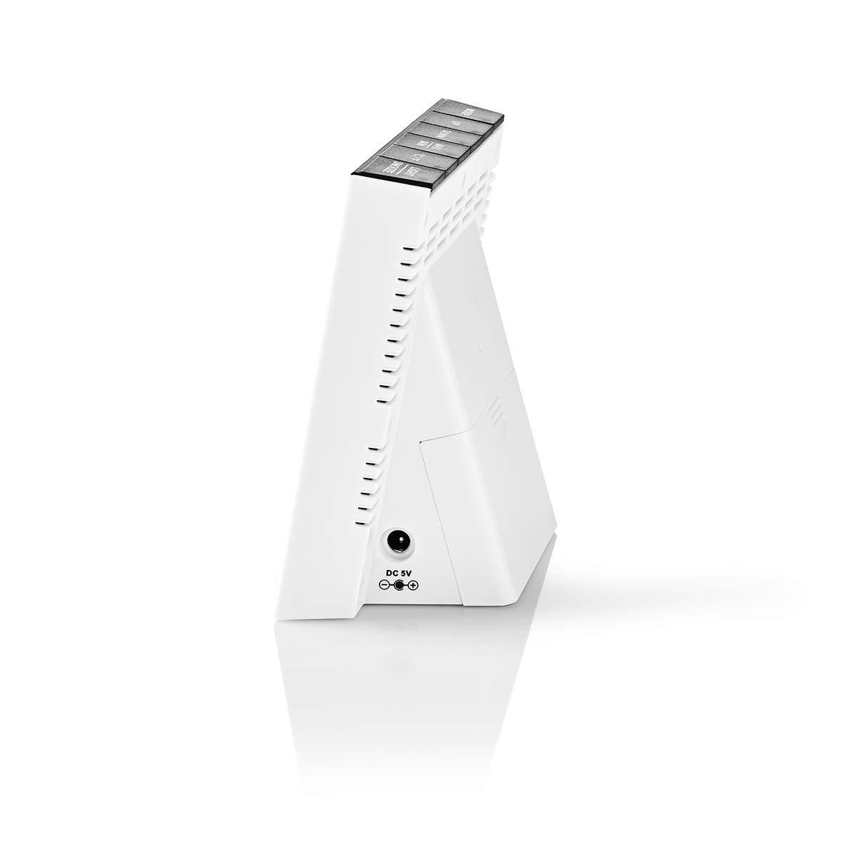Białe urządzenie z przyciskami na górze i złączem DC 5V z tyłu.
