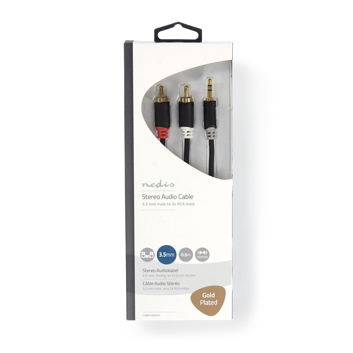 Stereo audiokabelpakket met vergulde connectoren, zwarte kabels en witte achtergrond.