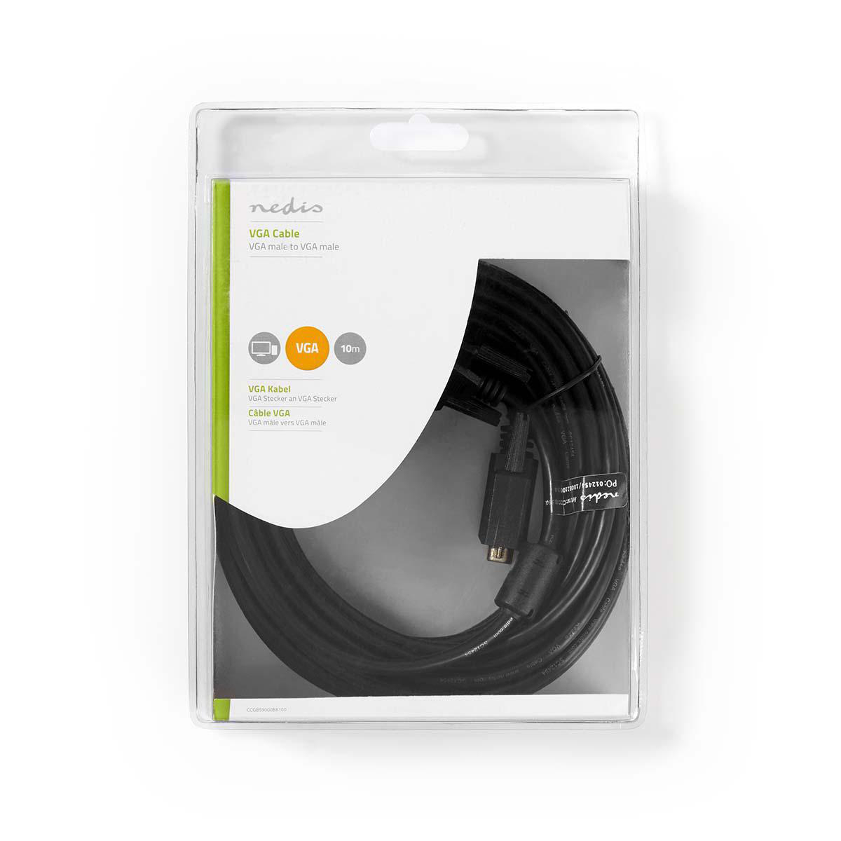 VGA-Kabel in Kunststoffverpackung. Schwarzes Kabel, weißer Hintergrund.