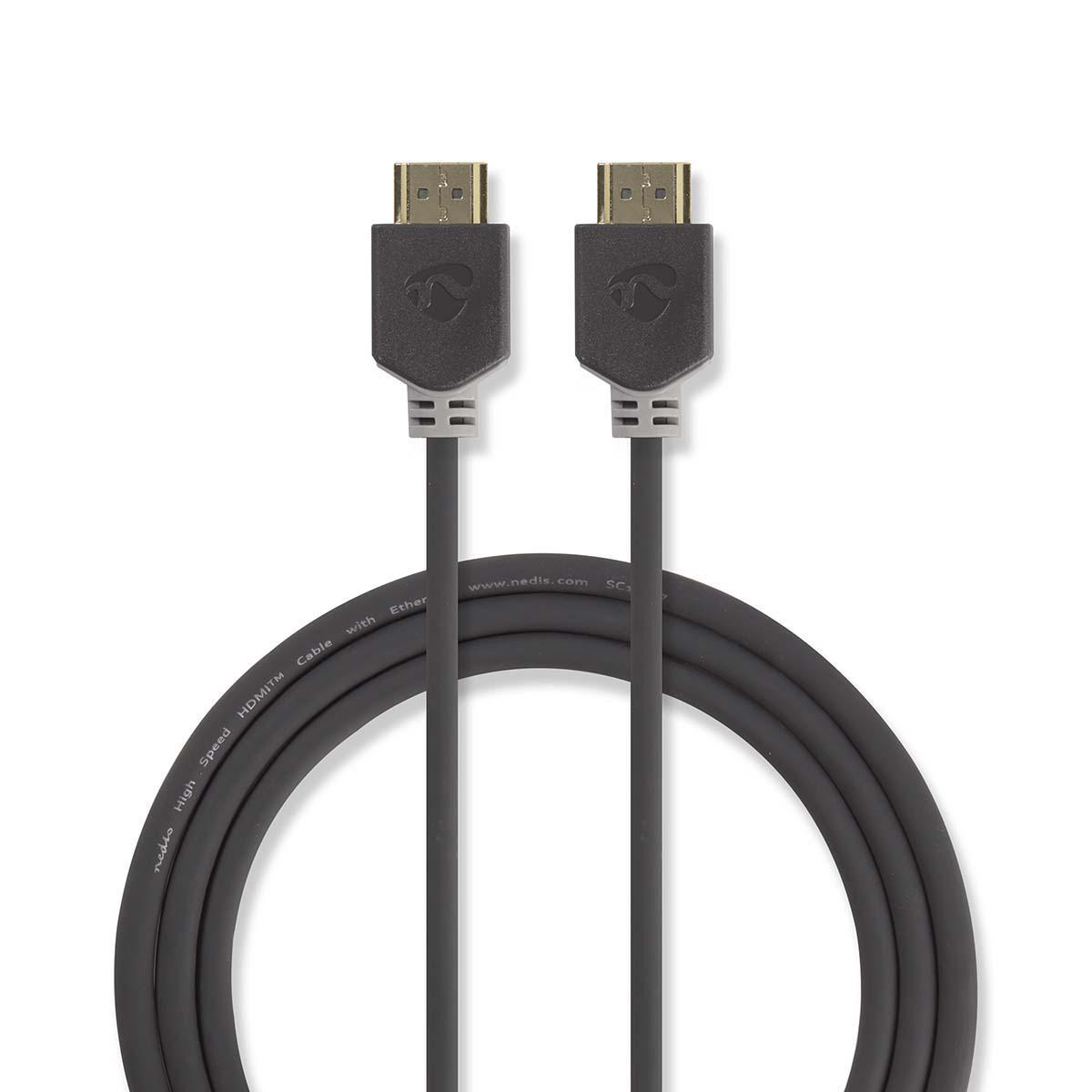 Zwei schwarze HDMI-Kabel mit goldfarbenen Steckern. Sie liegen auf einer weißen Oberfläche.