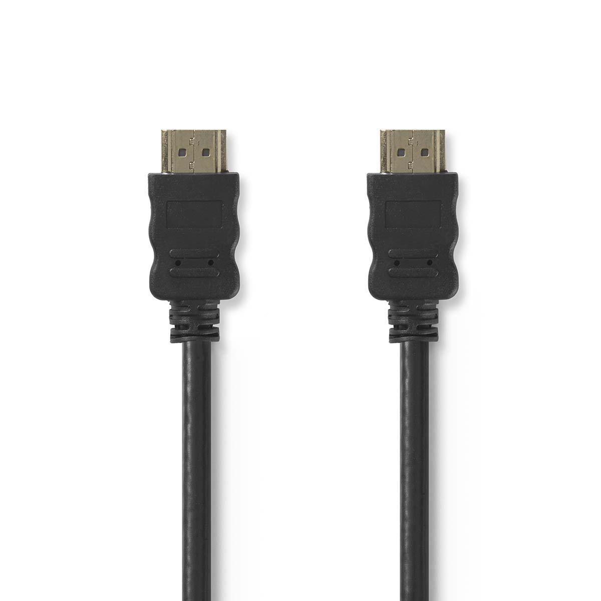 Twee zwarte HDMI-kabels met gouden connectoren, op een wit oppervlak. Zwarte connectoren.