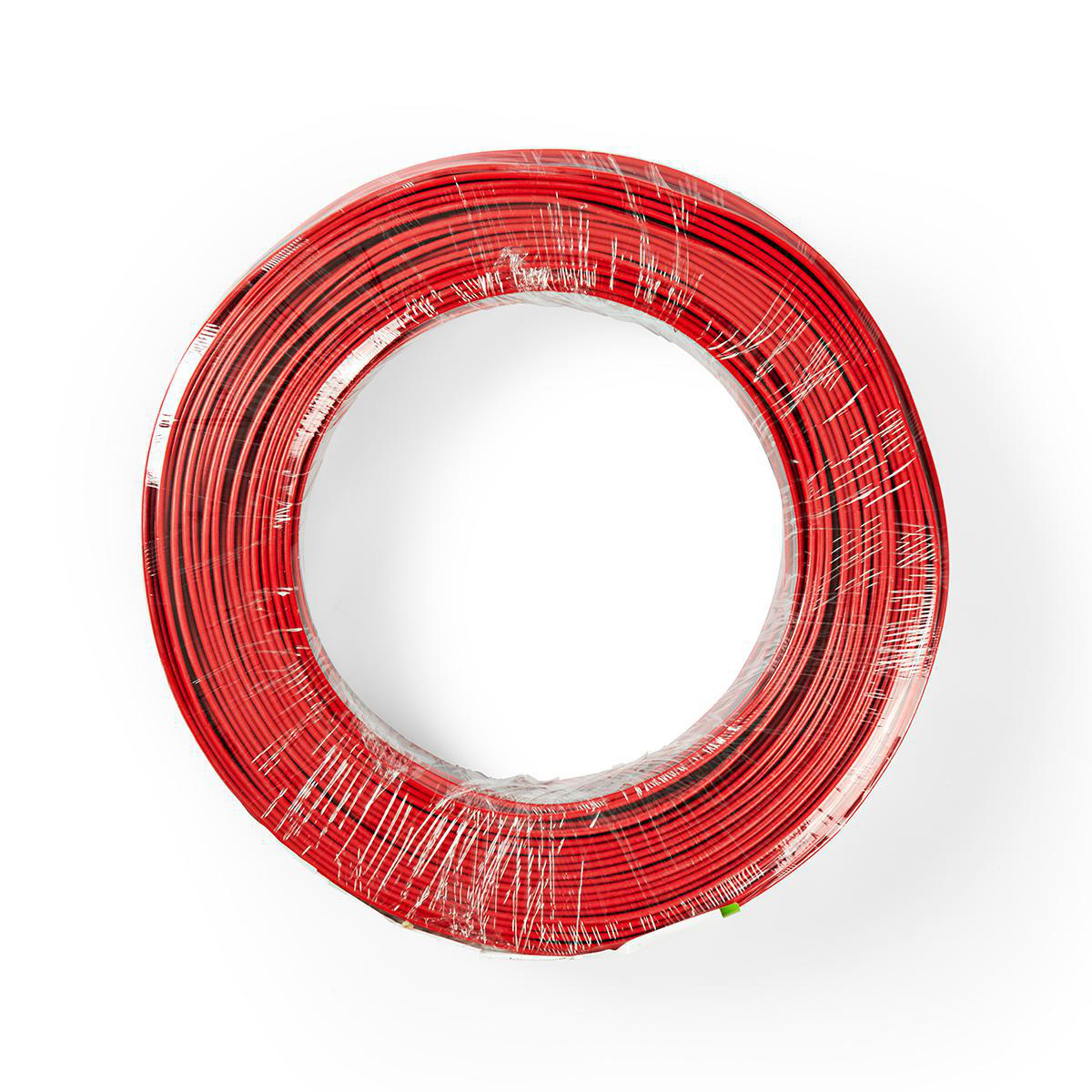 Rolle roter Draht, in Kunststoff verpackt. Draufsicht auf weißem Hintergrund.