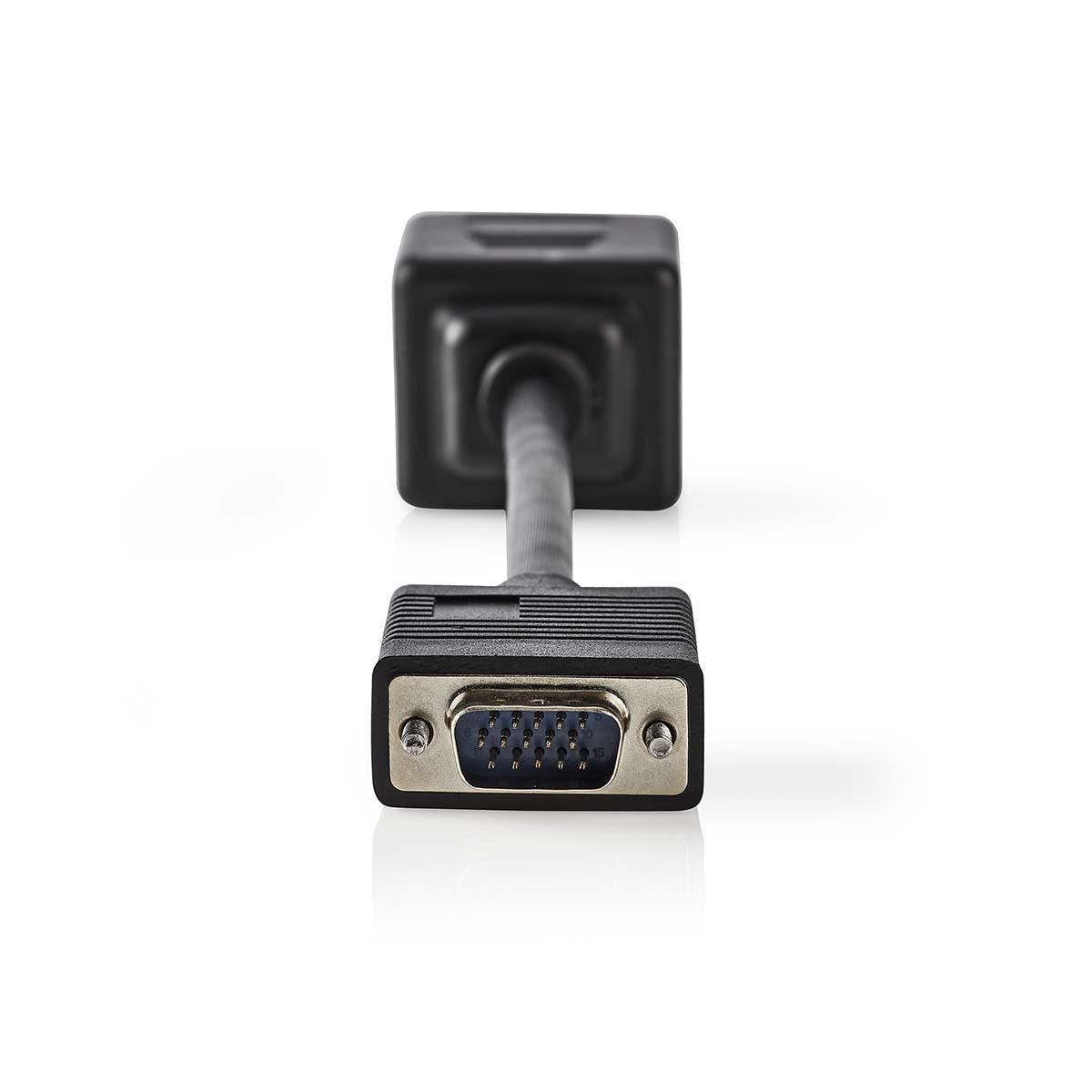 Ein schwarzes VGA-Adapterkabel mit einem Anschluss an jedem Ende, auf weißem Hintergrund.