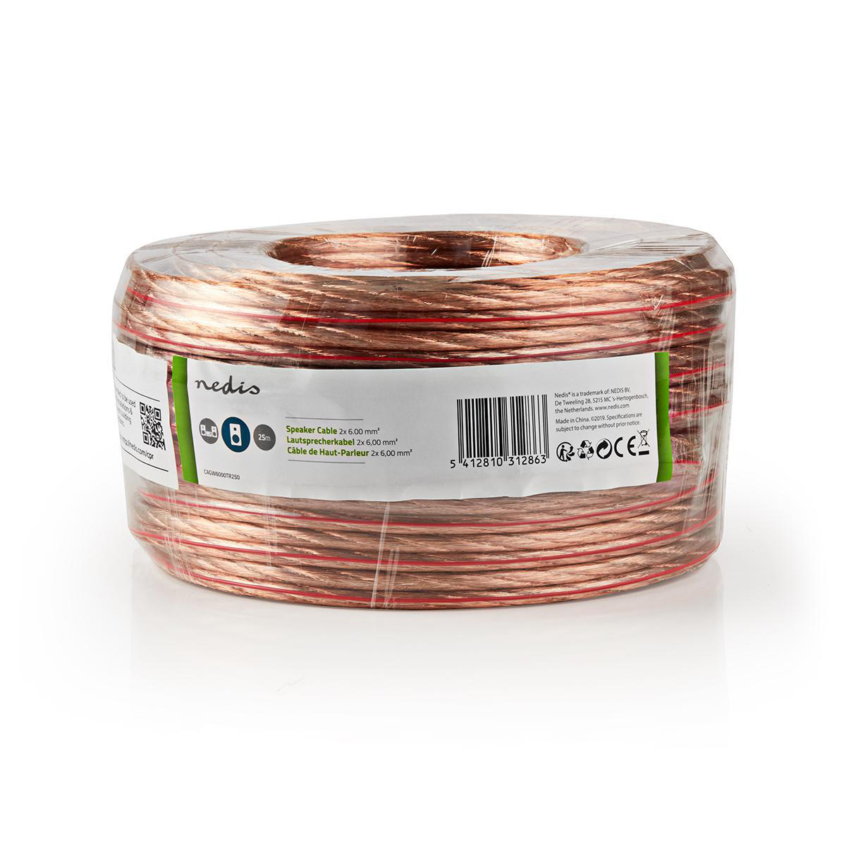 Aufgerolltes Lautsprecherkabel in transparenter Verpackung.
