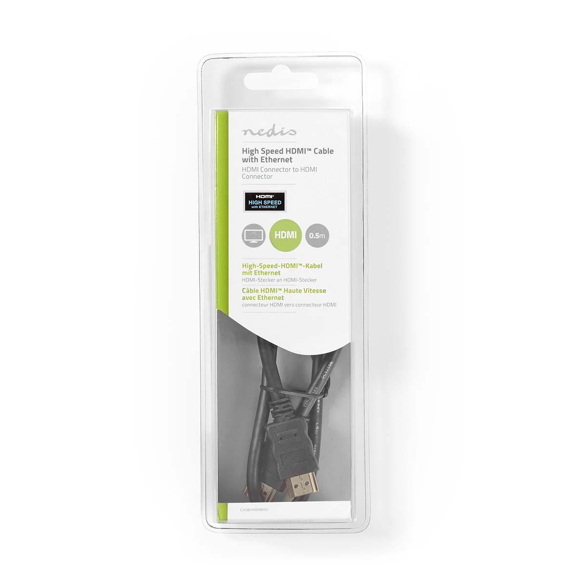 Een transparante verpakking met een zwarte HDMI-kabel.