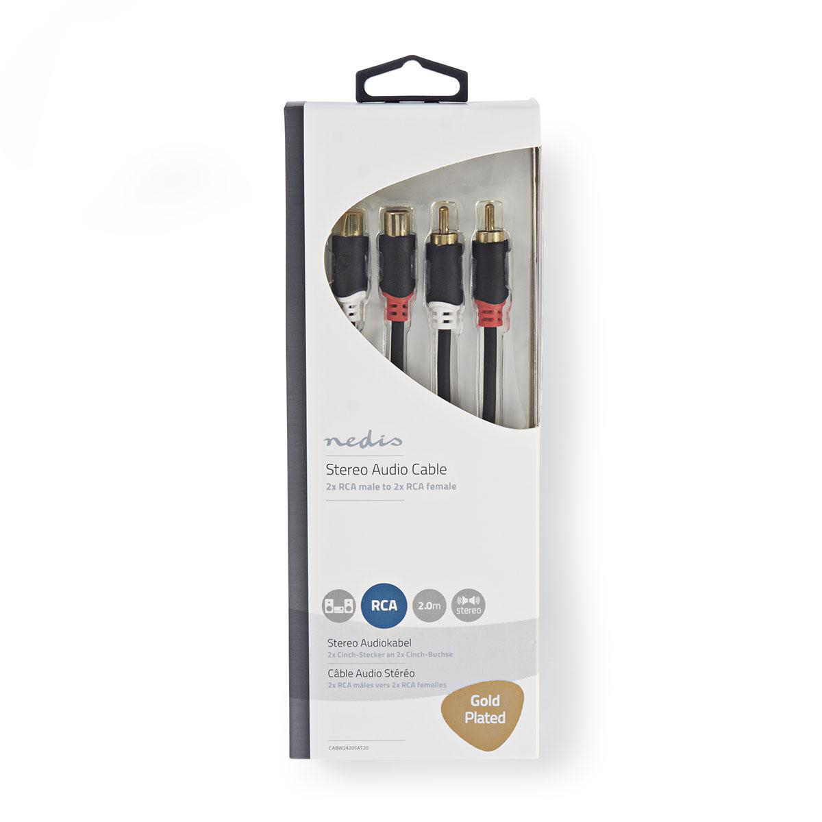 Verpakking van stereo audiokabel met RCA-connectoren. Zwarte en rode kabels.