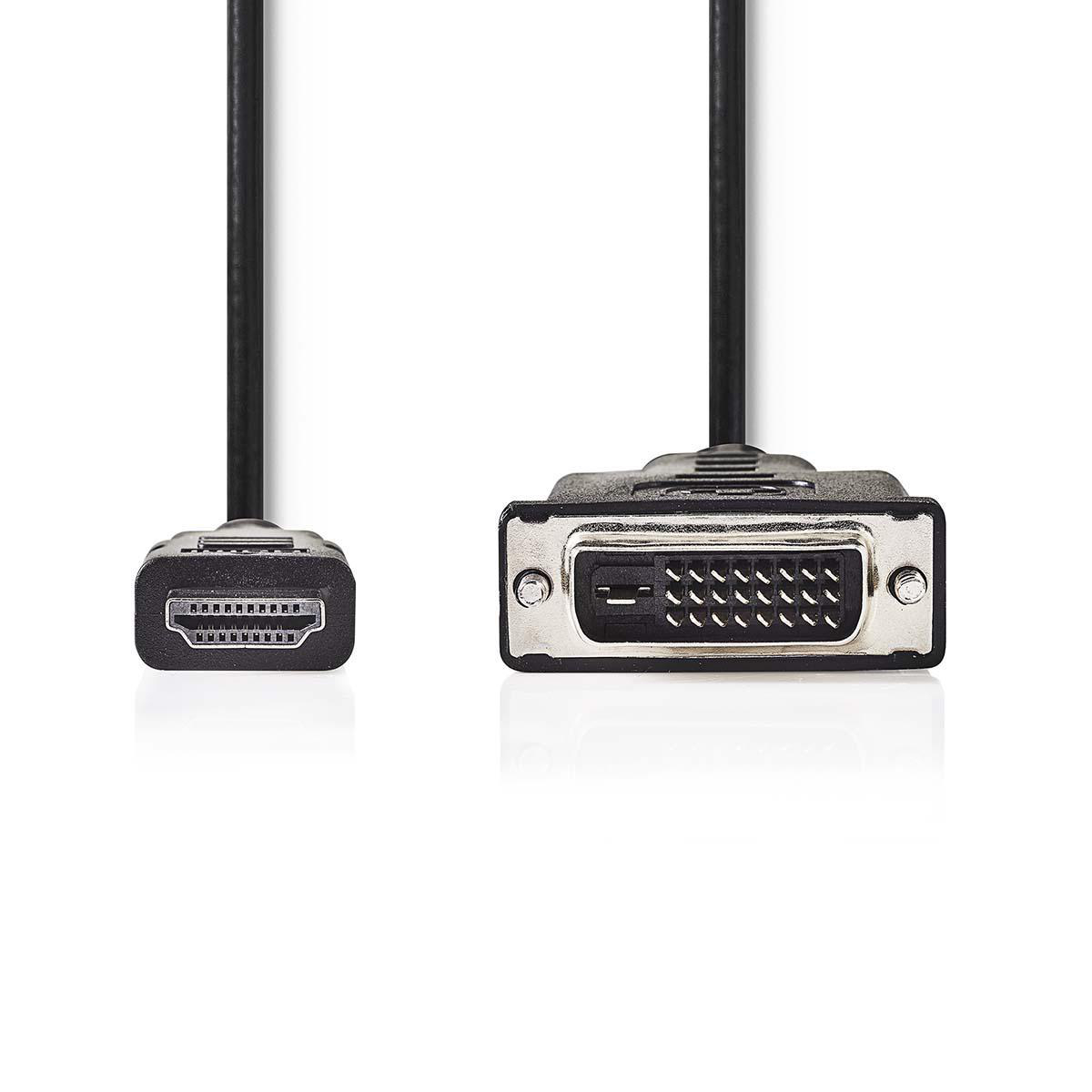 Een HDMI naar DVI-kabel met connectoren aan elk uiteinde, zwart van kleur, op een witte achtergrond.