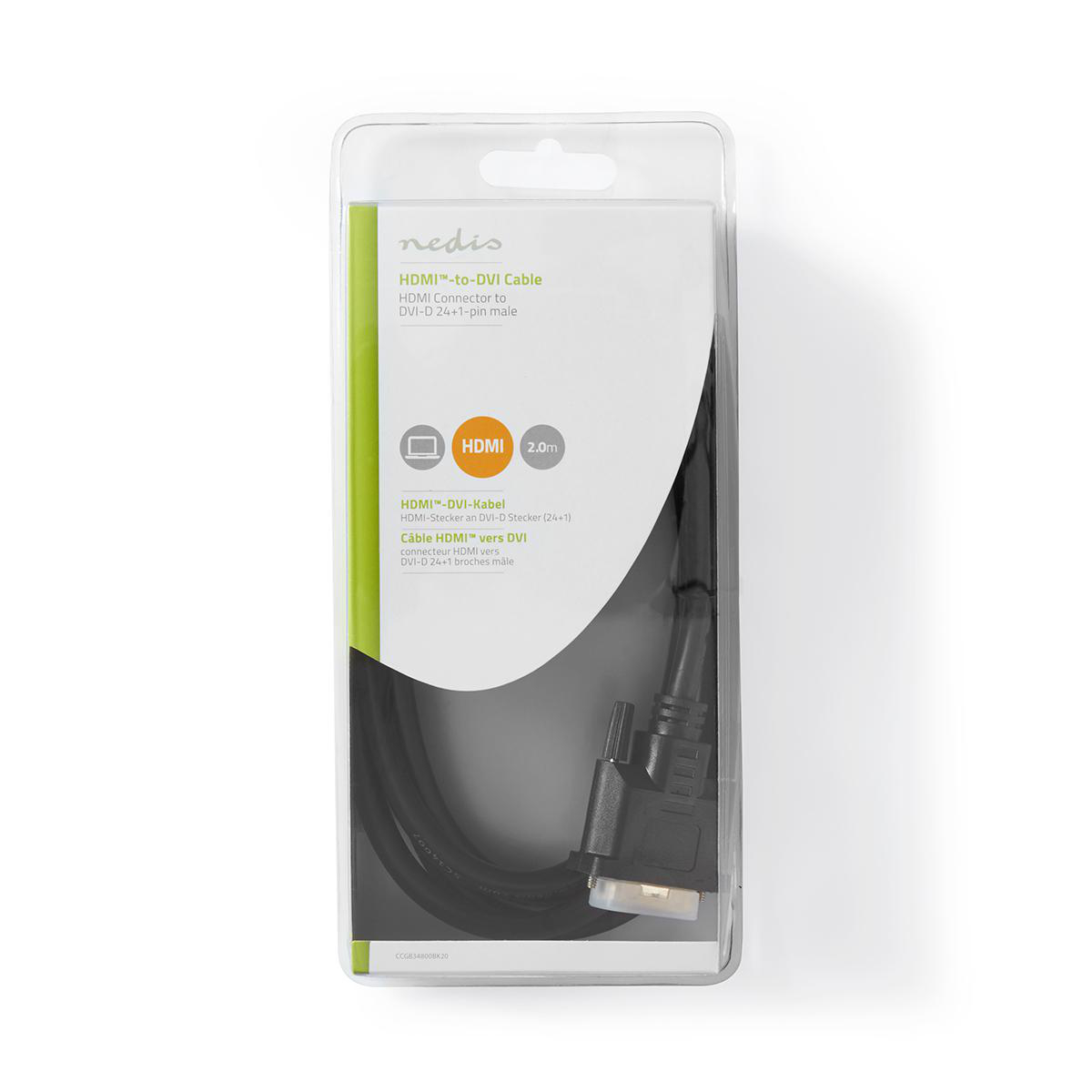 Zwarte HDMI-naar-DVI-kabel in een transparante plastic verpakking. Connectoren zijn zichtbaar.
