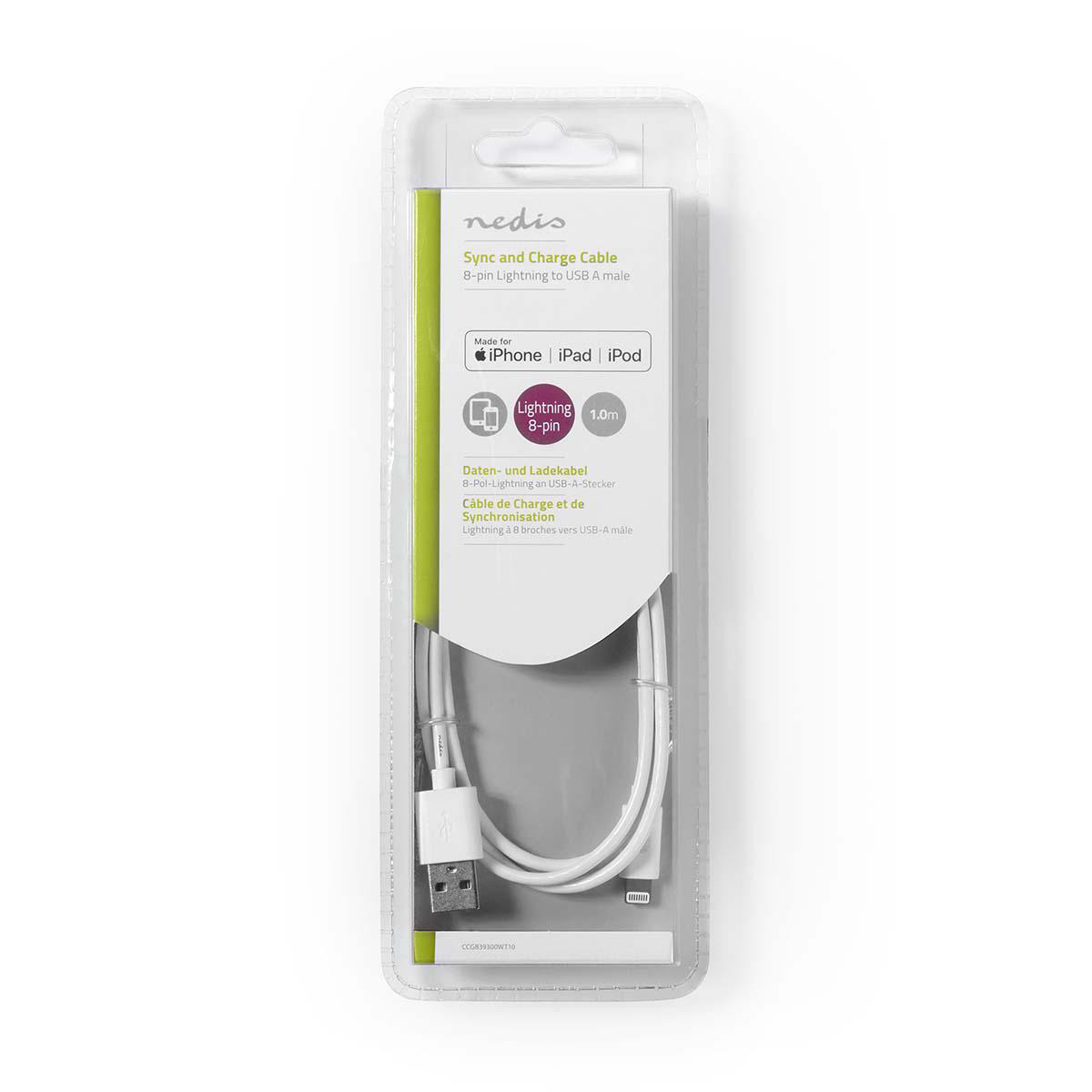Un emballage scellé contenant un câble blanc Lightning 8 broches vers USB-A pour iPhone, iPad et iPod.