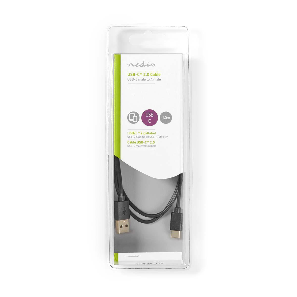 A USB-C 2.0 cable in a clear plastic package. It has a black cable with USB-C and USB-A connectors.