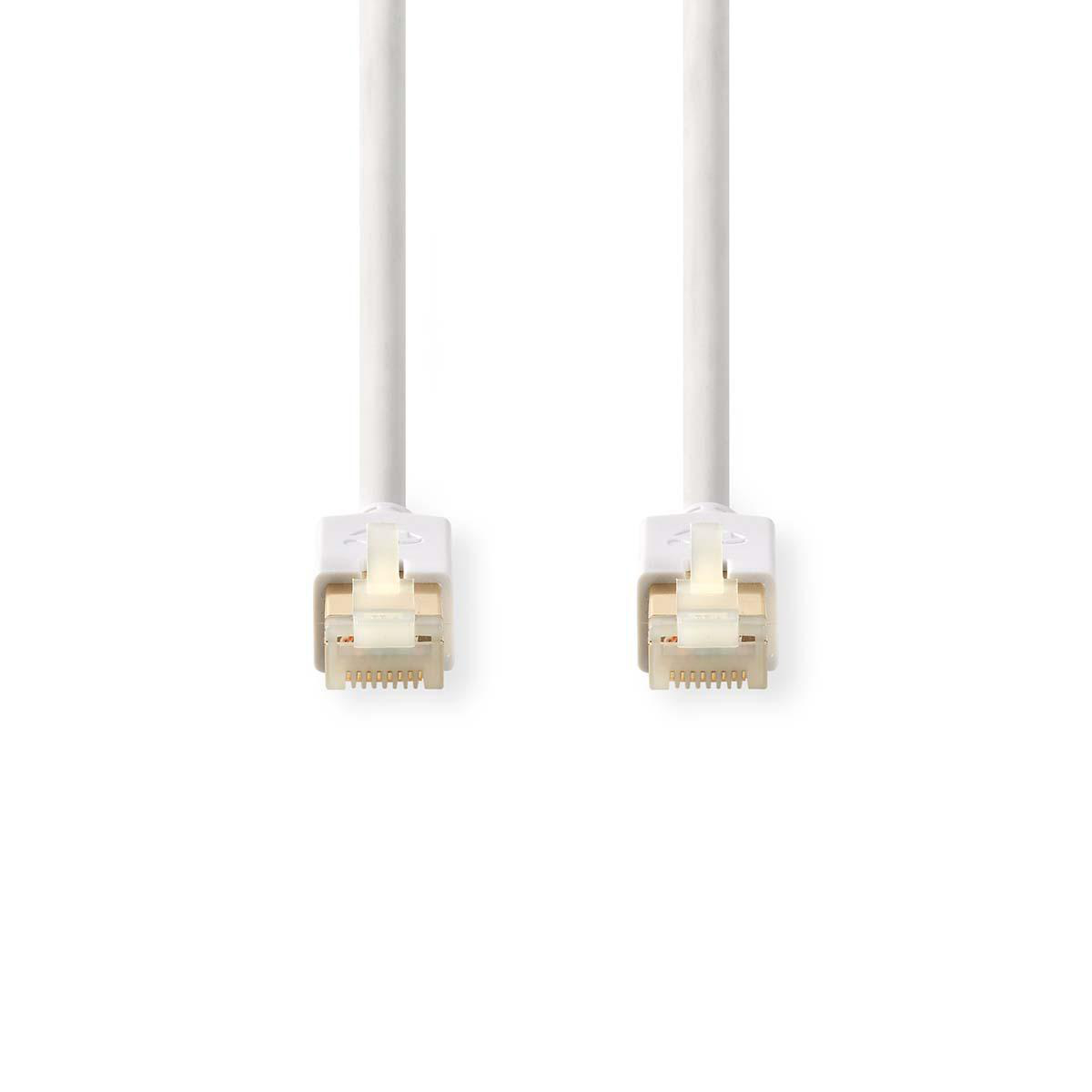 Due cavi di rete bianchi con connettori RJ45 sono mostrati su uno sfondo bianco.