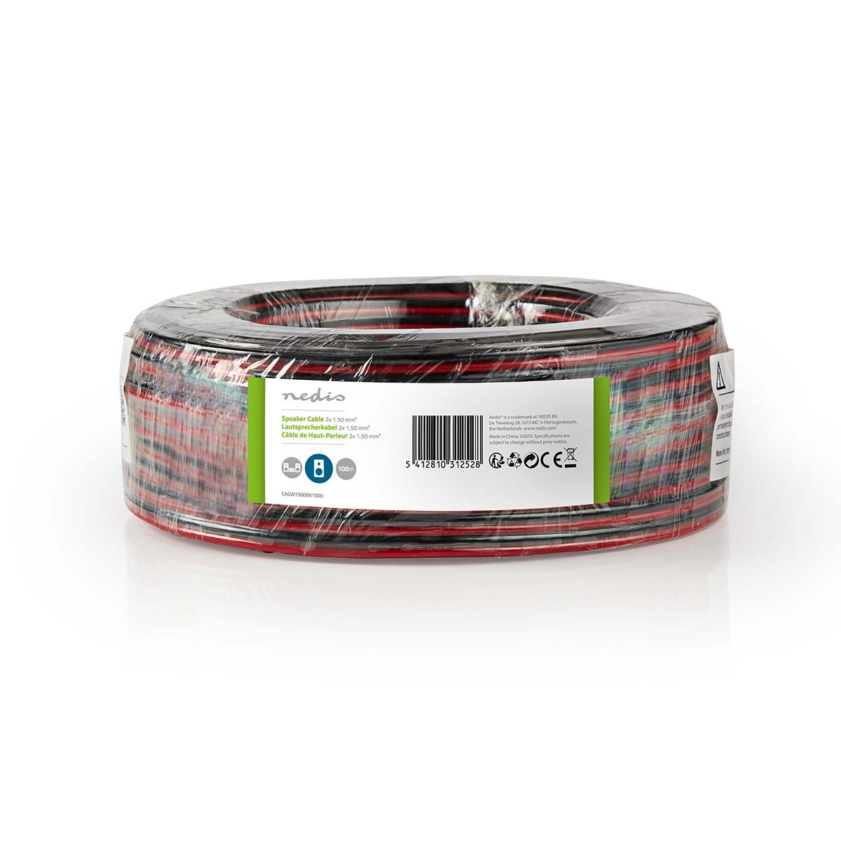 Black and red speaker cable in a roll. White label with text and logos.