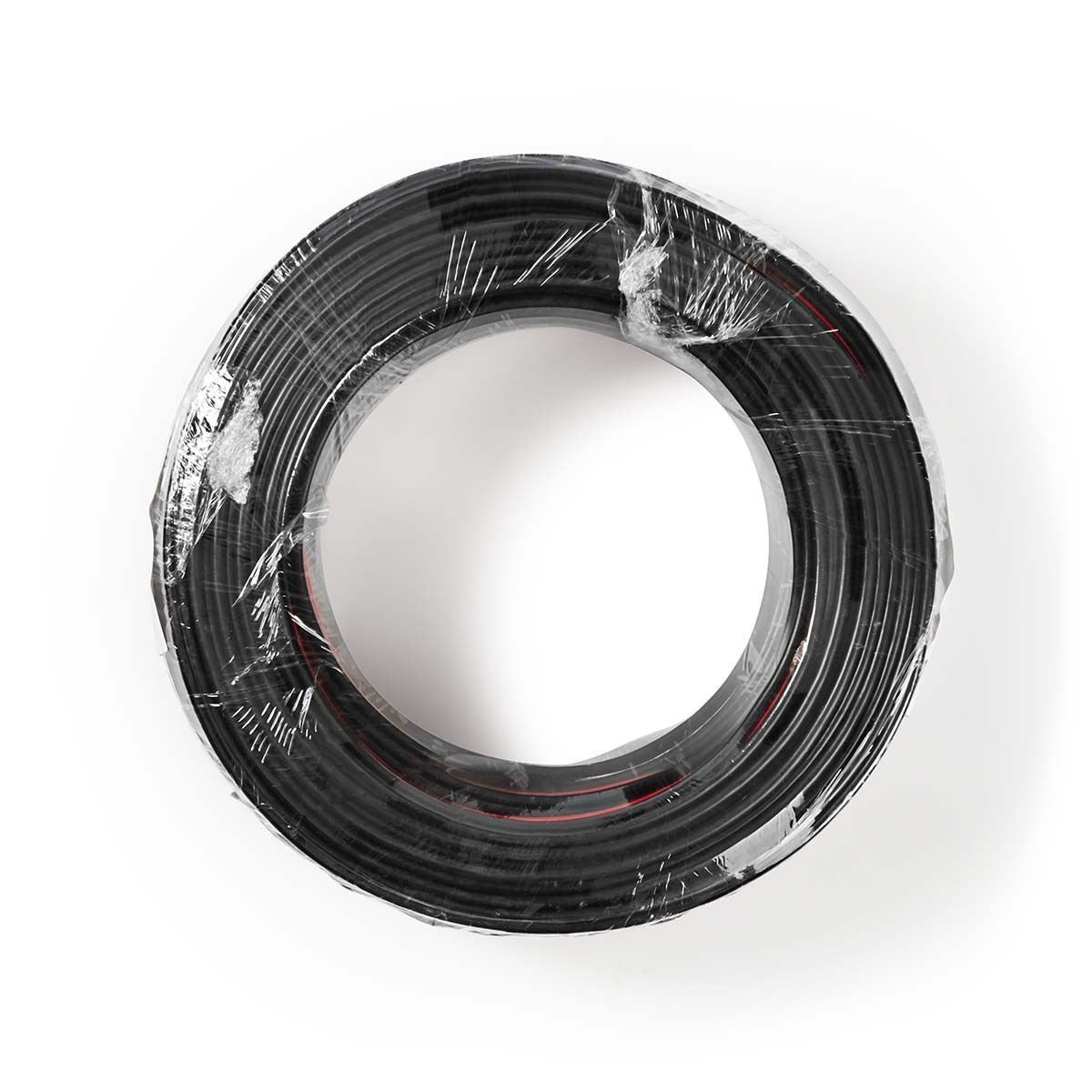 A black cable rolled in a circle and wrapped in clear plastic, seen from above, on a white background.