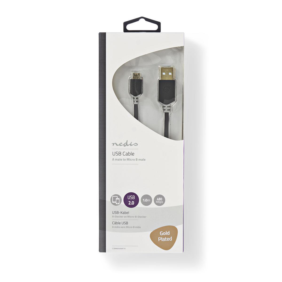 USB-kabel in doos, met USB- en Micro USB-connectoren. Witte achtergrond.