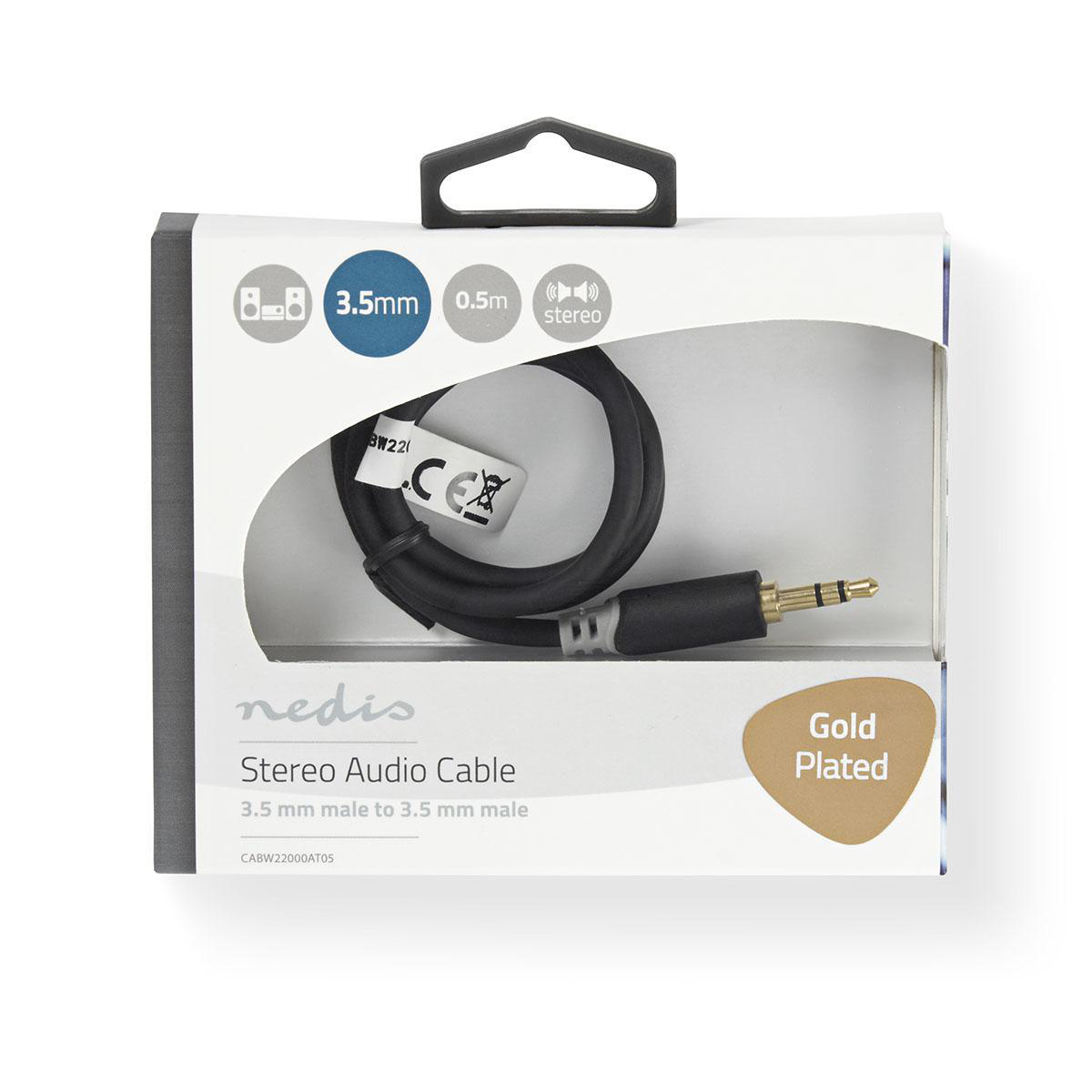 A Nedis stereo audio cable package. The cable is black, gold-plated, 0.5m long, and has 3.5mm male connectors. The package is white.