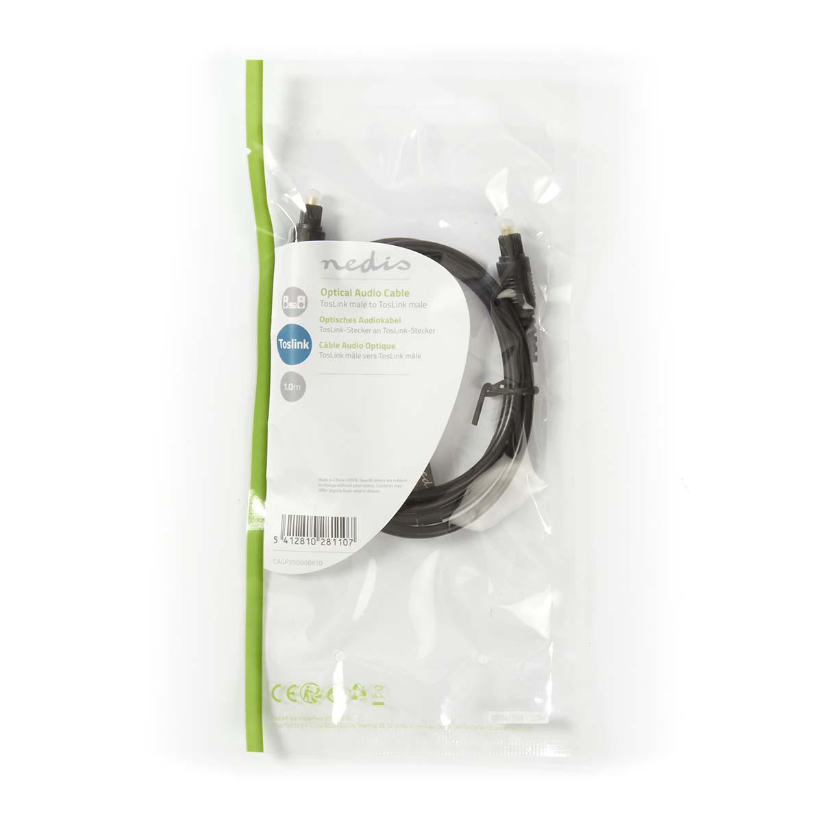Cavo audio ottico in una busta di plastica trasparente con cavo nero e testo in inglese e tedesco.