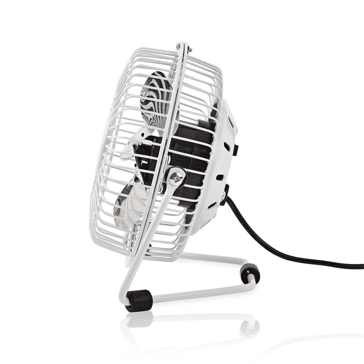 Ein kleiner weißer Ventilator mit schwarzem Kabel auf weißem Hintergrund.