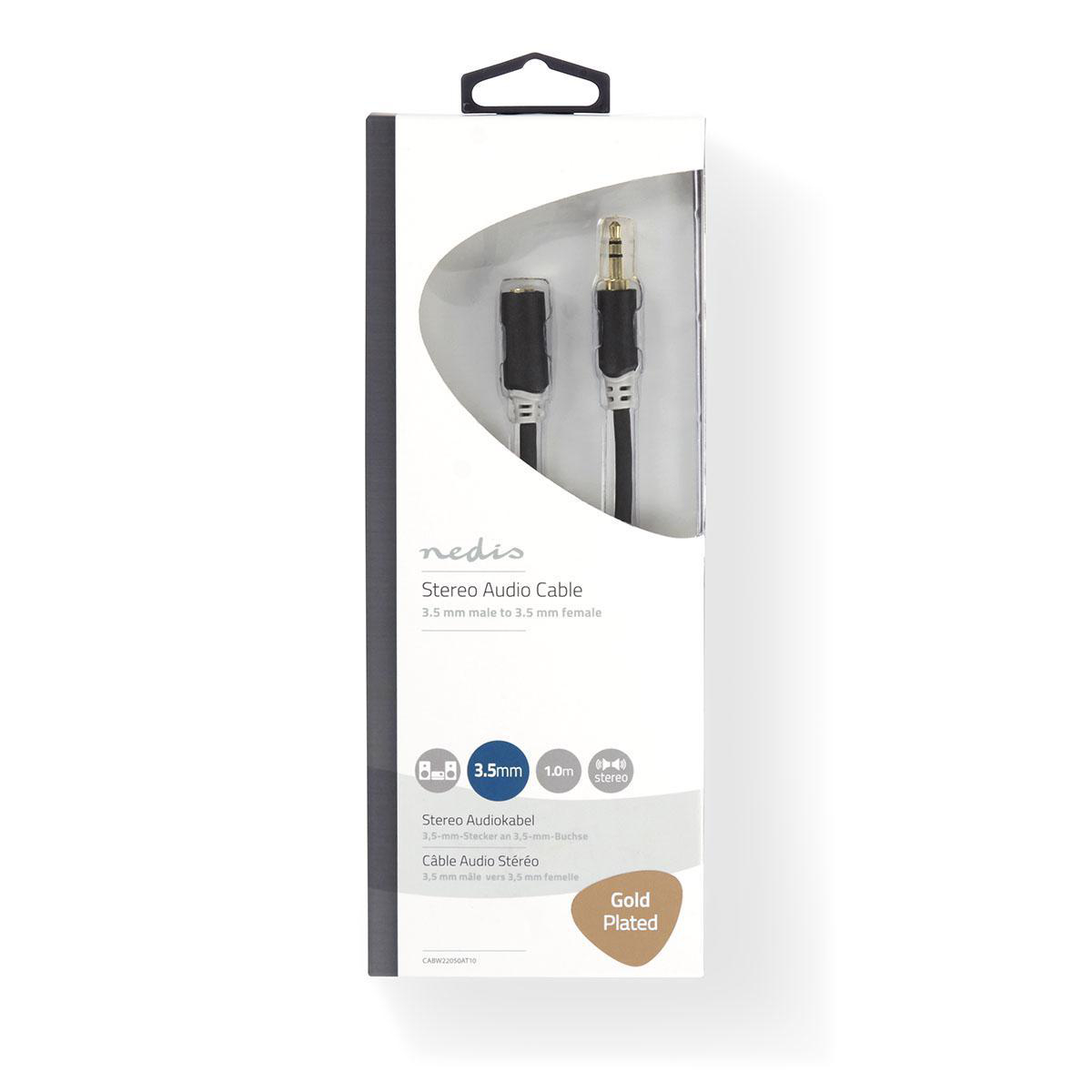 White and black audio cable packaging, with a 3.5mm male to female cable.