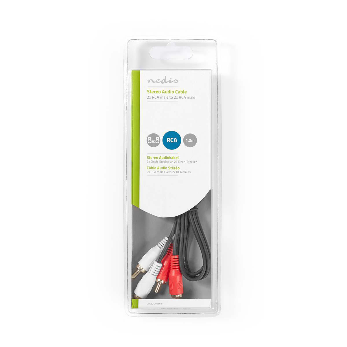 Clear plastic packaging with a stereo audio cable inside. Cables are black, red and white.