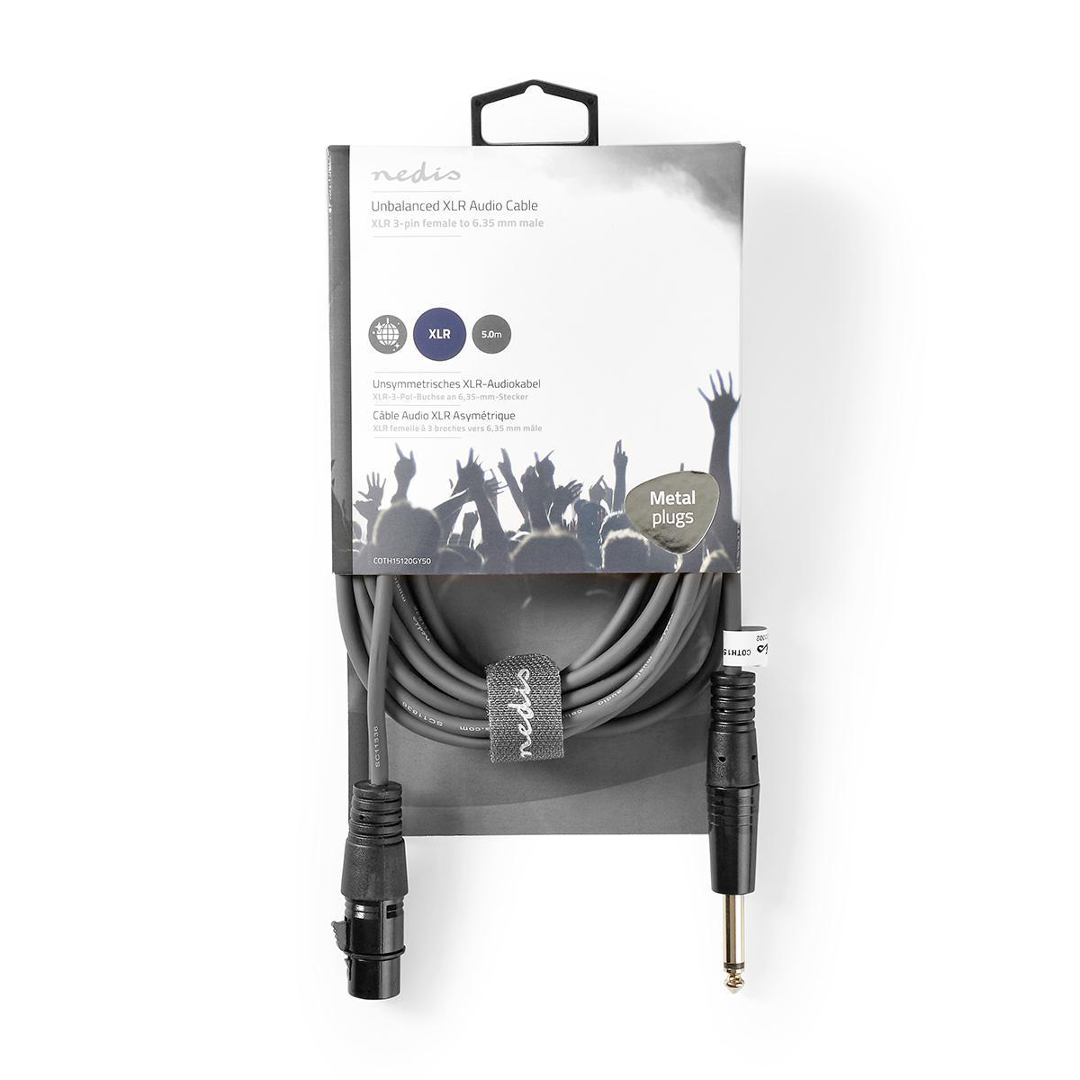 Audio-kabelverpakking met een grijze kabel. Het heeft XLR- en 6,35 mm jack-connectoren. De achtergrond toont een menigte.
