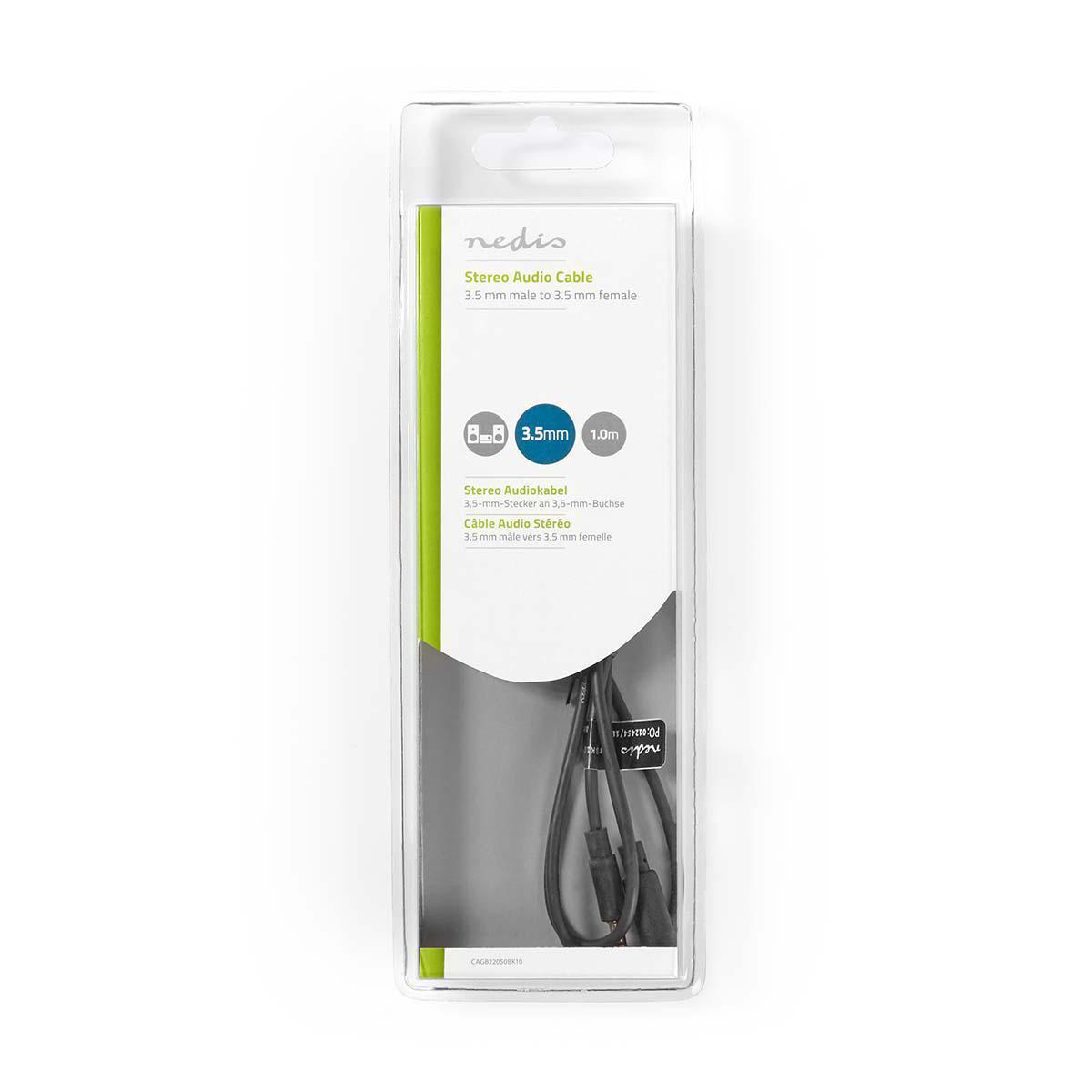 Stereo audio cable in a clear plastic package. Black cable with 3.5mm male to female connectors.
