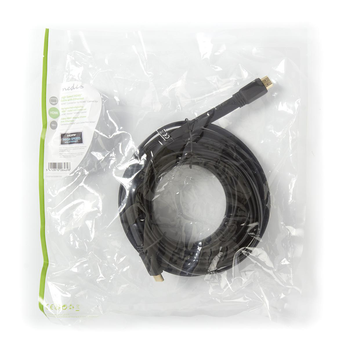 Ein schwarzes HDMI-Kabel, das sich in einer durchsichtigen Plastiktüte befindet.