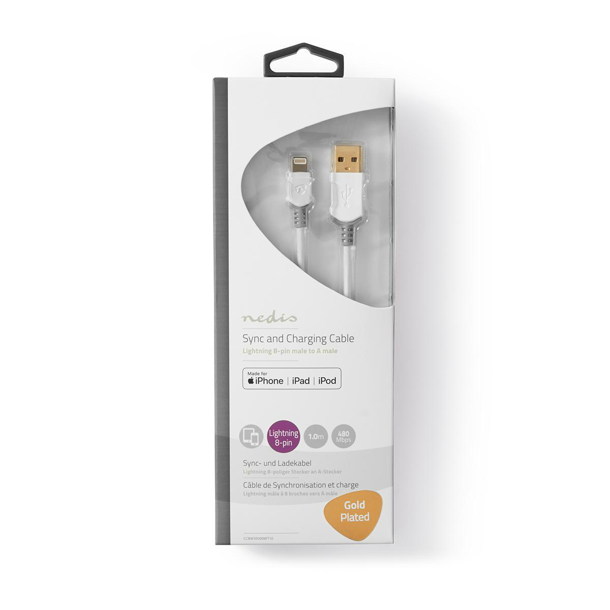 Cavo di ricarica bianco per iPhone, in scatola di plastica trasparente, con gancio nero.